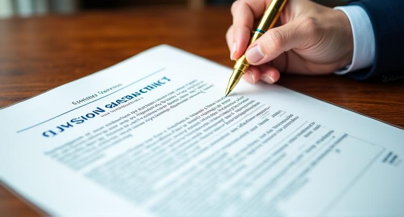 Close up of a legal professional reviewing a complex contract with a gold fountain pen